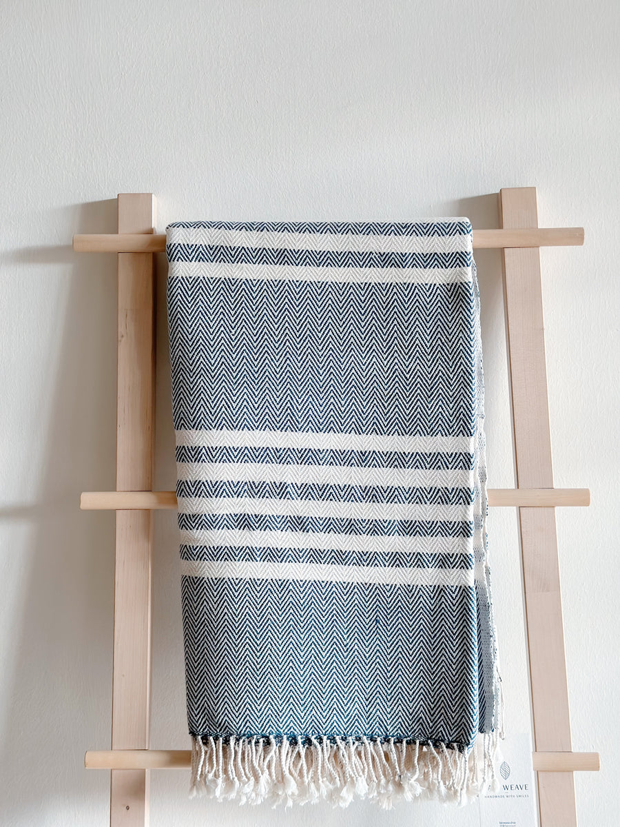 Cambodian Handwoven Small Throw - White/Blue
