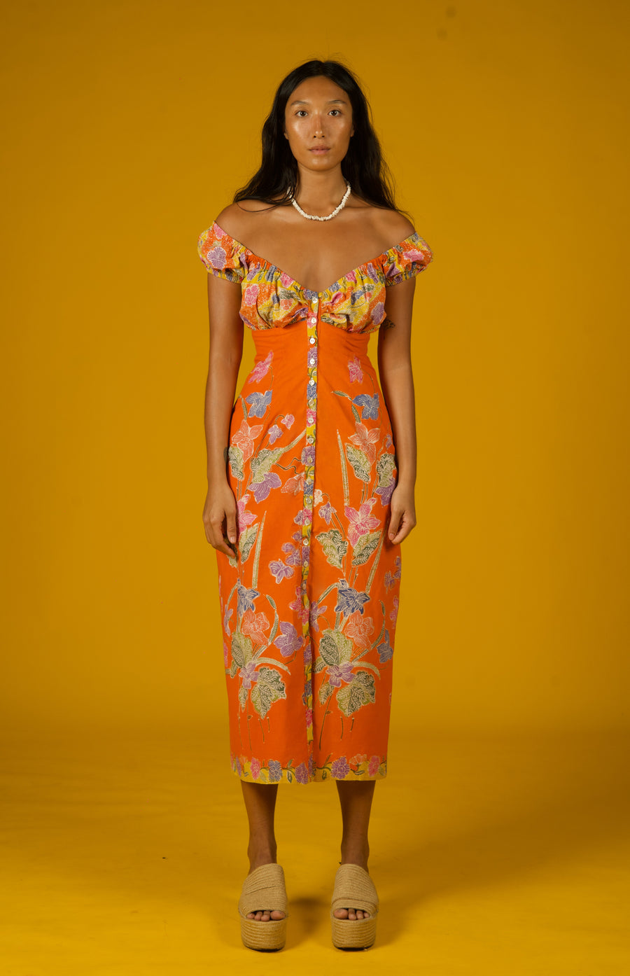 Batik Midi Button Down Bardot Dress